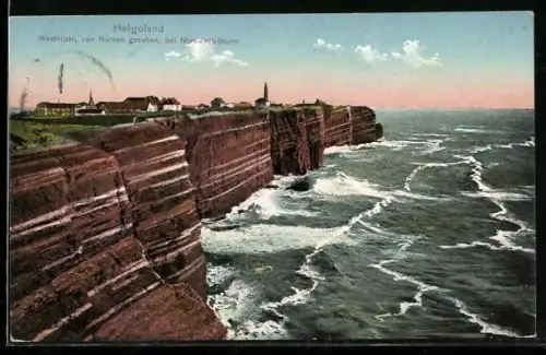 AK Helgoland, Westküste bei Nordwest-Sturm von Norden gesehen