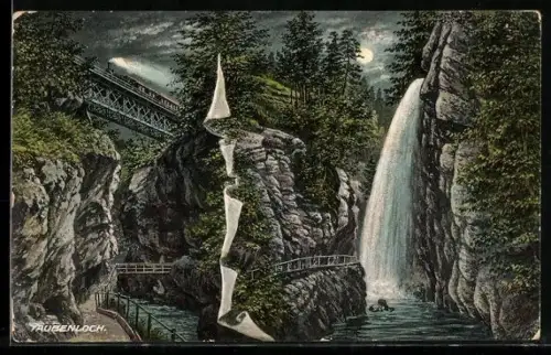 AK Bözingen, Taubenloch, Schlucht mit Wassersturz und Eisenbahnbrücke