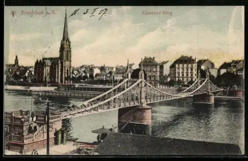 AK Alt-Frankfurt, Uferpartie mit Kirche und Eisernem Steg