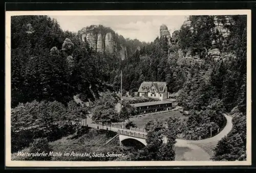 AK Waltersdorfer Mühle /Sächs. Schweiz, Mühle, Felsen, Polenztal