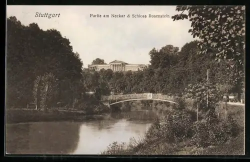 AK Stuttgart, Partie am Neckar, Schloss Rosenstein