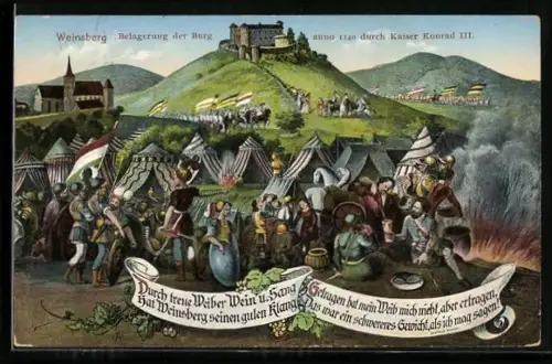 Künstler-AK Weinsberg, Belagerung der Burg anno 1140 durch Kaiser Konrad III.