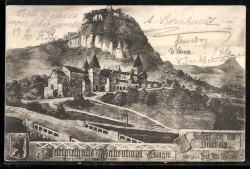 Künstler-AK Singen, Hohentwiel, Festspielhalle, Ansicht von der Stadt aus