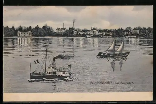 AK Friedrichshafen am Bodensee, Dampfschiff, Segelboot, Uferpanorama