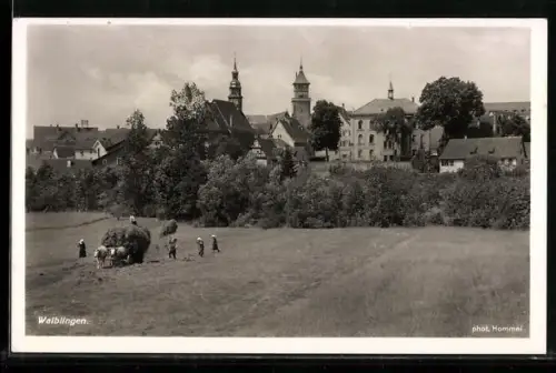 AK Waiblingen, Ortsansicht mit Kirche, Feldarbeit