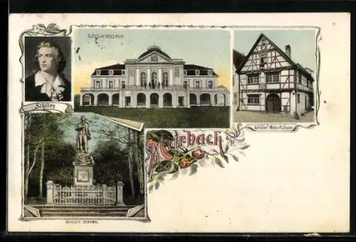 AK Marbach a. N., Schillermuseum, Schiller Geburtshaus, Schiller-Denkmal