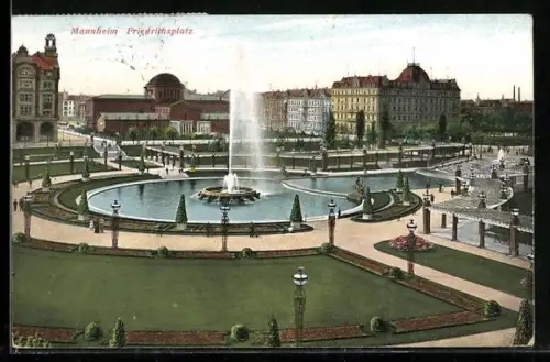 AK Mannheim, Friedrichsplatz mit Brunnen und Gartenanlagen
