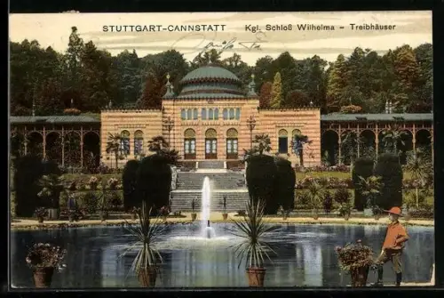 AK Stuttgart-Cannstatt, Kgl. Schloss Wilhelma, Treibhäuser, Springbrunnen