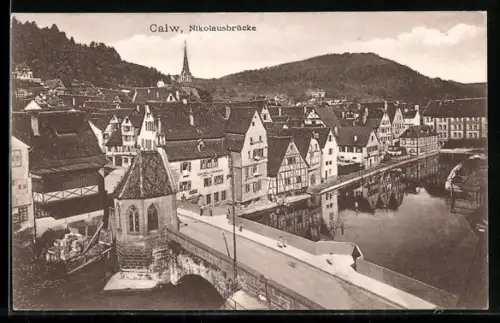 AK Calw, Nikolausbrücke und Ort aus der Vogelschau