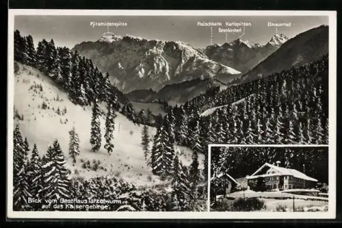 AK Tatzelwurm, Blick vom Gasthaus Tatzelwurm auf das Kaisergebirge, Gasthaus