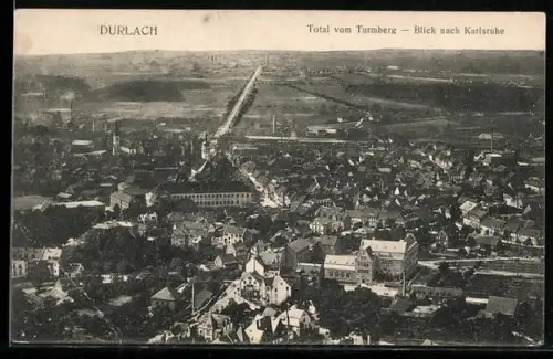 AK Durlach, Totalansicht vom Turmberg, Blick nach Karlsruhe