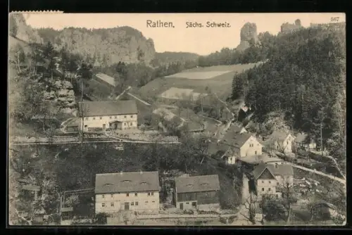 AK Rathen /Sächs. Schweiz, Ortsansicht mit Felsformationen