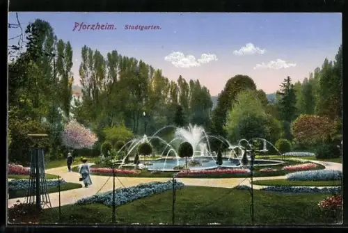 AK Pforzheim, Stadtgarten, Springbrunnen, Spazierwege, Blumenbeete