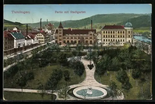 AK Tuttlingen, Stadtgarten aus der Vogelschau