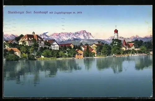 AK Seeshaupt, Ortsansicht mit Zugspitzgruppe