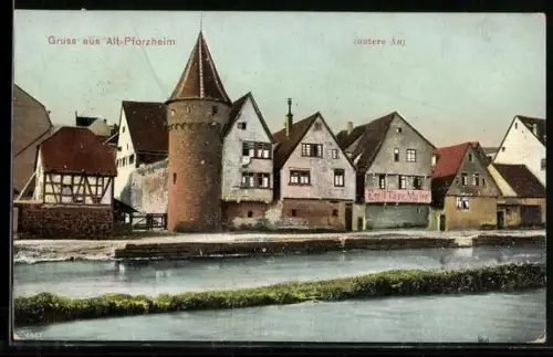 AK Alt-Pforzheim, Untere Au mit Malerwerkstatt Emil Täge