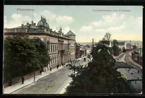 AK Pforzheim, Luisenstrasse mit Postamt