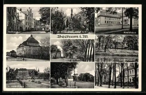 AK Beckum i. W., Rathaus, Marienplatz, Kreishaus, Gymnasium, Stadtgarten, Landratsamt, Krankenhaus, Höxberg, Kirchplatz