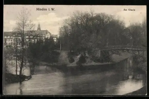 AK Minden i. W., Am-Glacis, Fluss, Brücke, Parkansicht