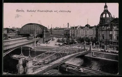 AK Berlin, Bahnhof Friedrichstrasse, Schlütersteg, Spreebrücke