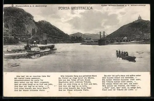 AK Porta Westfalica, Bismarcktsäule auf dem Jakobsberg, Kaiser Wilhelm-Denkmal Wittekindsberg, Brücke und Dampfer
