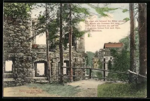 AK Oybin, Kirchenruine und Blick auf das Bergrestaurant