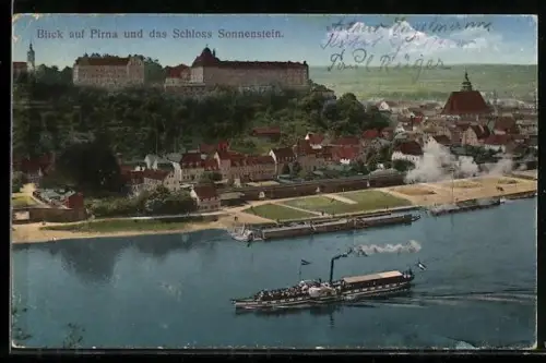 AK Pirna, Blick auf Schloss Sonnenstein und Elbschifffahrt