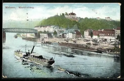 AK Meissen, Martinsberg, Elbe, Dampfschiff, Brücke