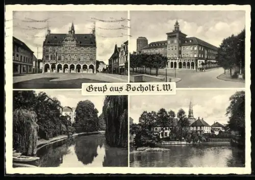 AK Bocholt i. W., Rathaus, Stadthaus, Stadtpark, Schloss mit Wassergraben