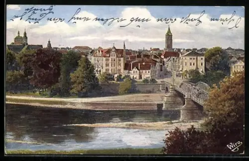 AK Minden W., Stadtansicht mit Brücke und Weserufer