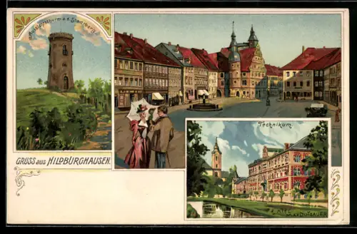Künstler-AK Max Dutzauer: Hildburghausen, Aussichtsthurm a. d. Stadtberg, Technikum, Strassenpartie