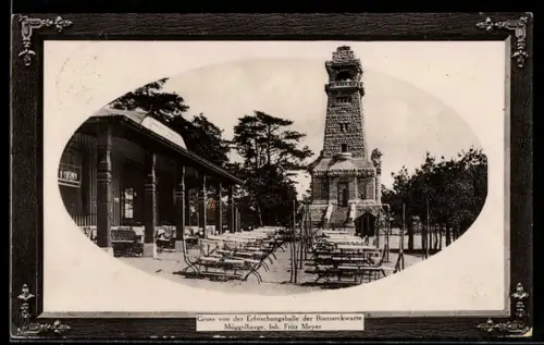 AK Berlin-Köpenick, Müggelberge, Erfrischungshalle der Bismarckwarte, Inh. Fritz Meyer