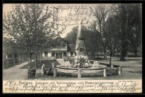 AK Saulgau, Festplatz mit Schützenhaus und Wasserwerkdenkmal