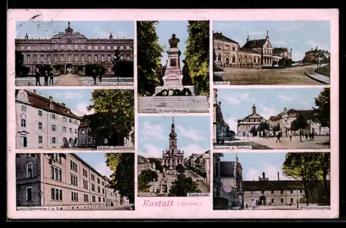 AK Rastatt, Schloss, Kriegerdenkmal, Bahnhof, Leopoldkaserne, Wilhelmkaserne