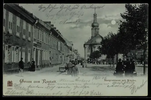 Mondschein-AK Rastatt, Hauptstrasse mit Kirche
