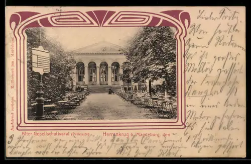 AK Herrenkrug b. Magdeburg, Alter Gesellschaftssaal mit Gartenwirtschaft Parkseite