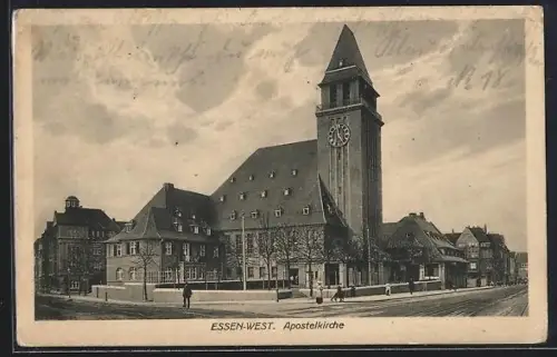 AK Essen-West, Apostelkirche mit Strassenpartie