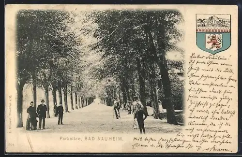 AK Bad Nauheim, belebte Parkallee, Wappen
