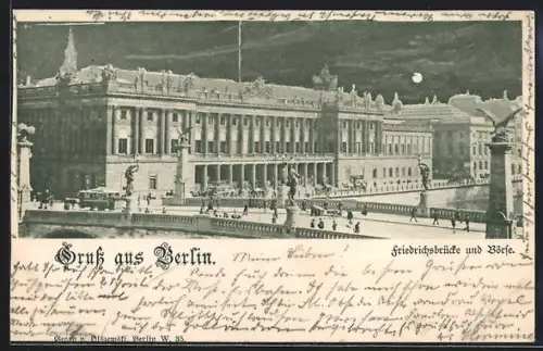 AK Berlin, Friedrichsbrücke mit Strassenbahn und Börse bei Mondschein, Burgstrasse