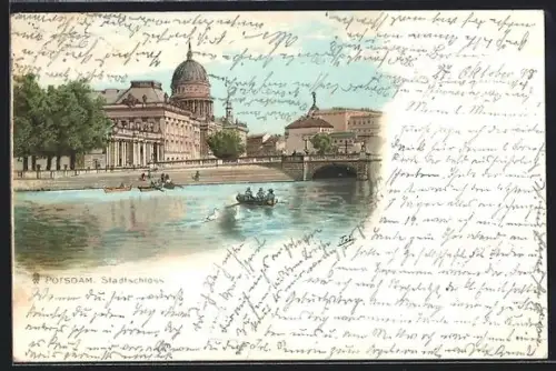 Lithographie Potsdam, Das Stadtschloss, Leute in Ruderbooten