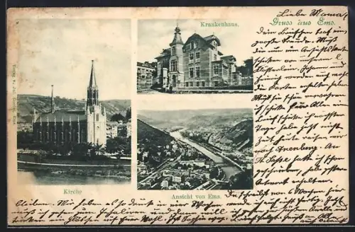 AK Ems, Teilansicht, Kirche, Krankenhaus