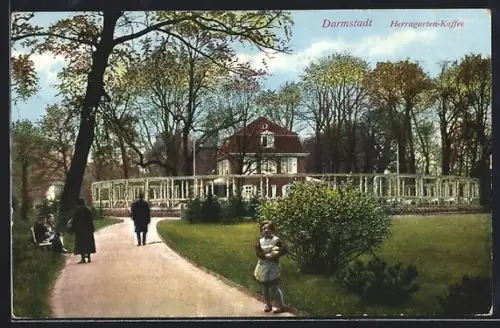 AK Darmstadt, Herrngarten-Kaffee mit Spaziergängern
