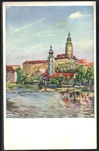 Künstler-AK Ceský Krumlov, Panorama