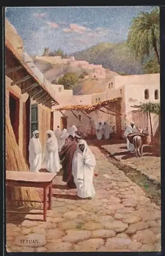 Künstler-AK Tetuan, Strasse mit Anwohnern