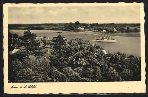 AK Arnis a. d. Schlei, Flusslandschaft, Dampfer, Uferhäuser
