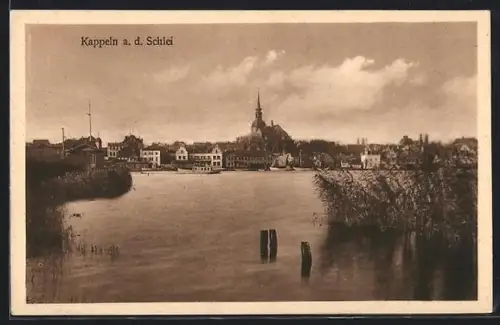 AK Kappeln a. d. Schlei, Stadtansicht mit Kirche und Ufer der Schlei