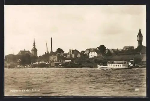 AK Kappeln an der Schlei, Ortsansicht mit Kirche, Wasserturm, Dampfer
