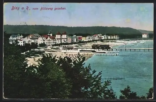 AK Binz a. Rg., Vom Blitzweg gesehen, Strand, Seebrücke aus der Vogelschau