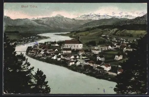 AK Bad Tölz, Stadtansicht mit Isar und Kirche