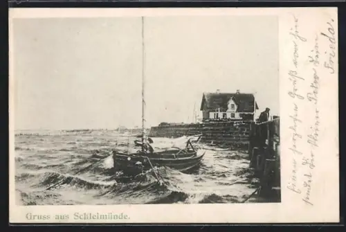 AK Schleimünde, Segelboot am Hafen und Lotsenhaus